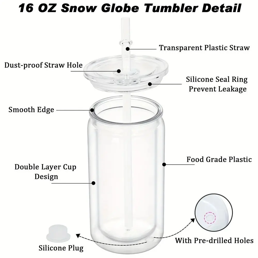 DIY 16oz Capacity Mason Jar Cups Break-Resistant Reusable Water Bottles Double Layers Snow Globe Tumbler Holiday Gifts