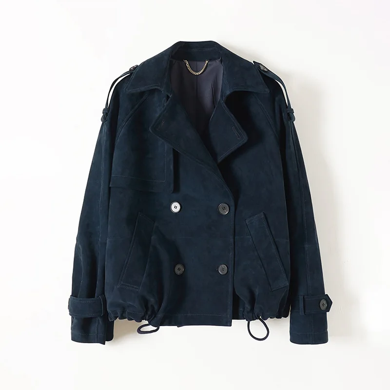 Real Suede Jacket Autumn Women Sheepskin Old Money Wind Casual Double-Breasted Short Lapel Work Clothes Dark Blue Leather Coat