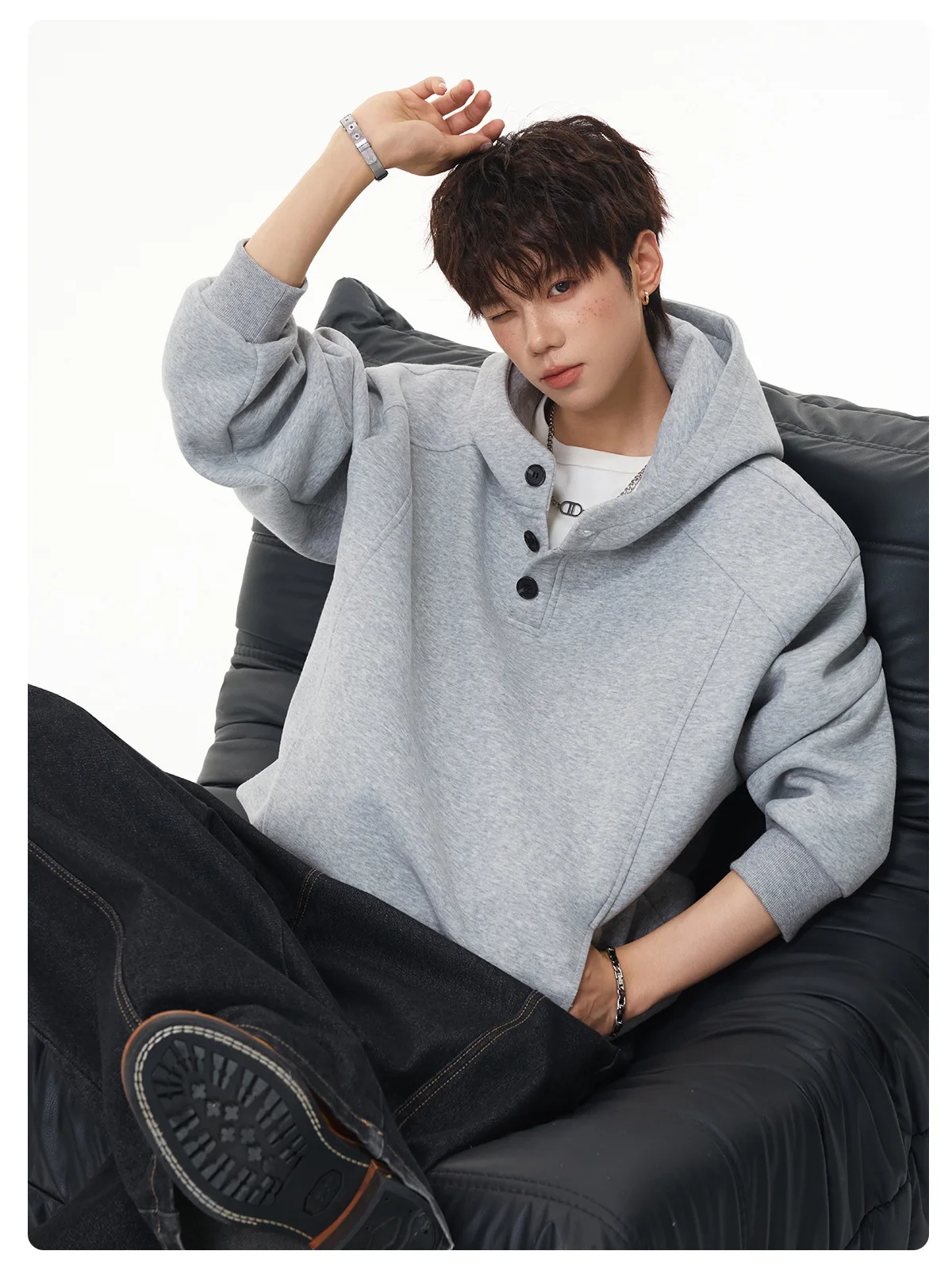 Autumn Winter New Button Half High Neck Hoodie for Men Korean Fashion Harajuku Simple Solid Men's Casual Loose Hooded Sweatshirt