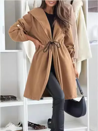 

Woman Trench Coat Girls Cuffs Stitched Tailored Double-Faced Slim-Fit Pocketed Professional Armygreen Button-Down Zippers