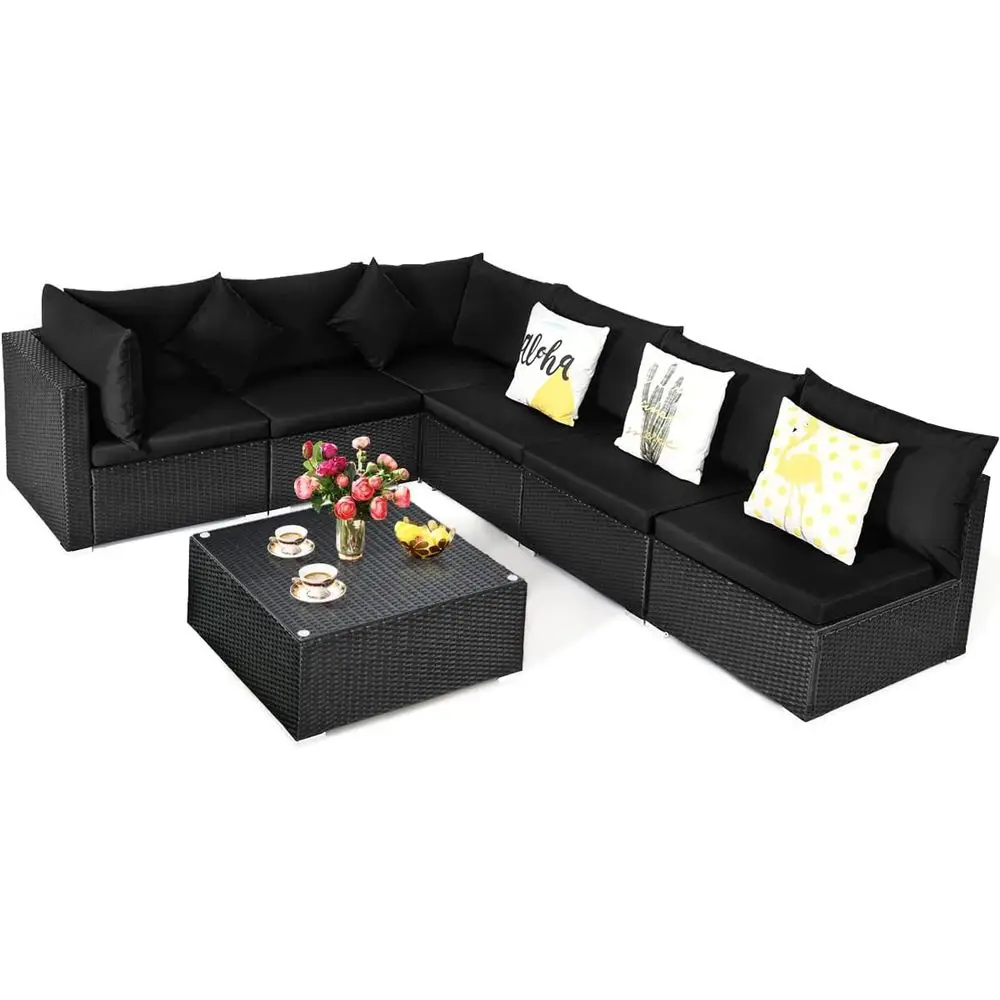 

7-Piece Outdoor Wicker Patio Furniture Set with Cushions, Pillows, and Coffee Table for Garden or Lawn
