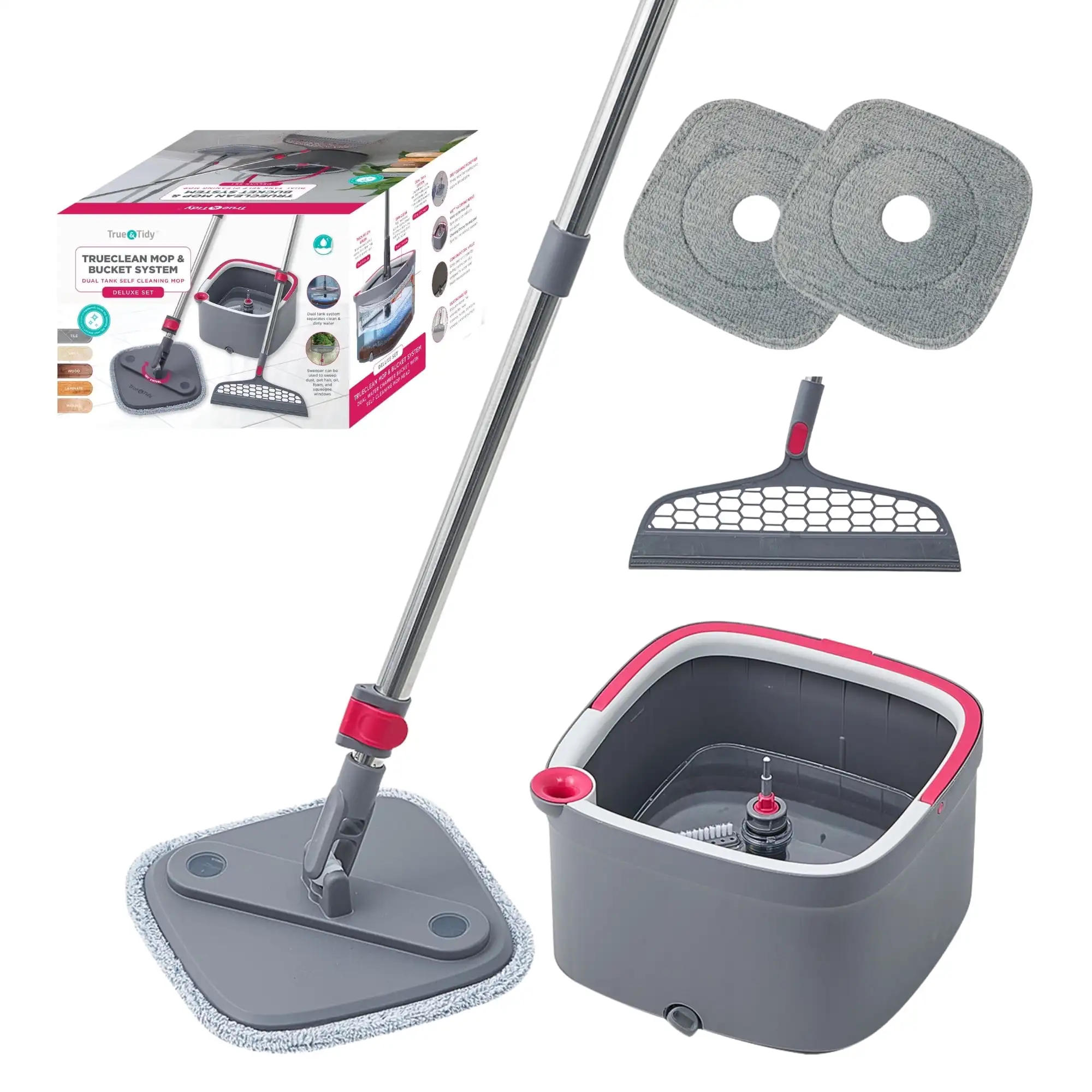 

True Clean Spin Mop & Bucket System with Silicone Floor Sweeper Deluxe Set