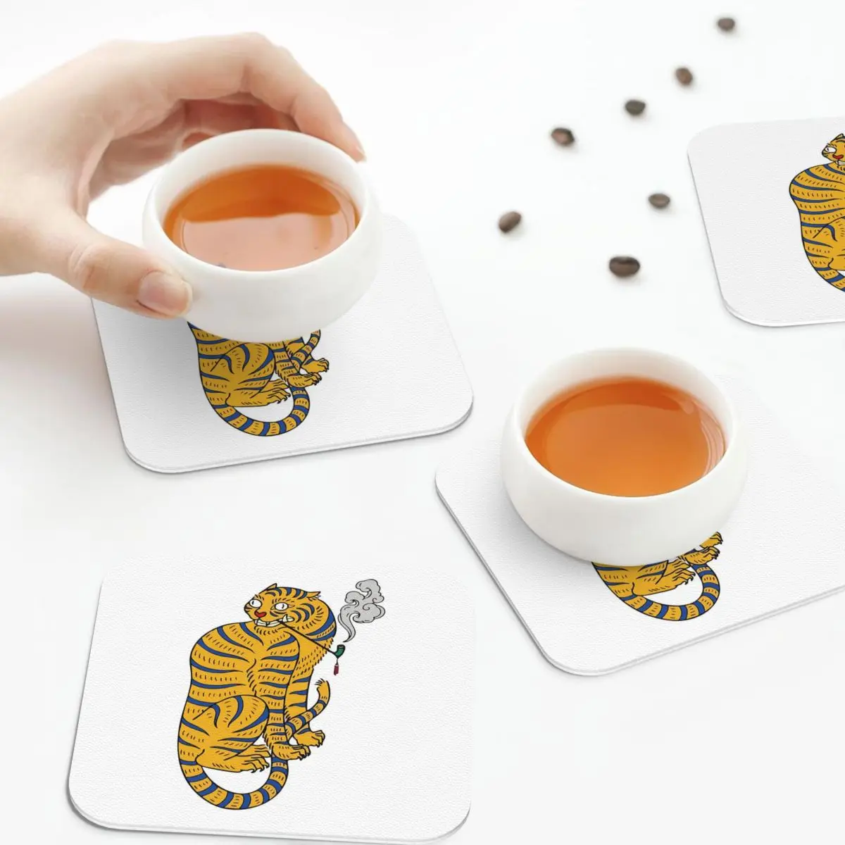 

Asian Tiger Illustration With A Pipe Coasters Leather Placemats Insulation Coffee Mats For Home Kitchen Dining Pads Set of 4