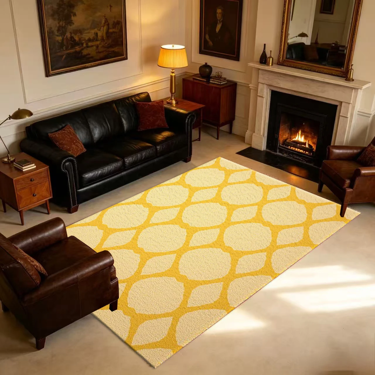 Yellow Beige Simple Geometric Plaid Pattern Carpet Floor Non-Slip Mat