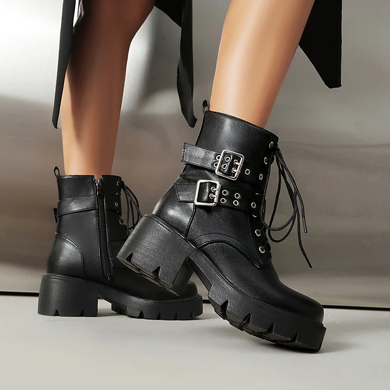 

Большие размеры, толстая подошва, бисквит, толстый каблук, двухрядная пряжка ремня, завязка на боковой молнии, модные короткие ботинки, дышащие ботильоны в стиле панк