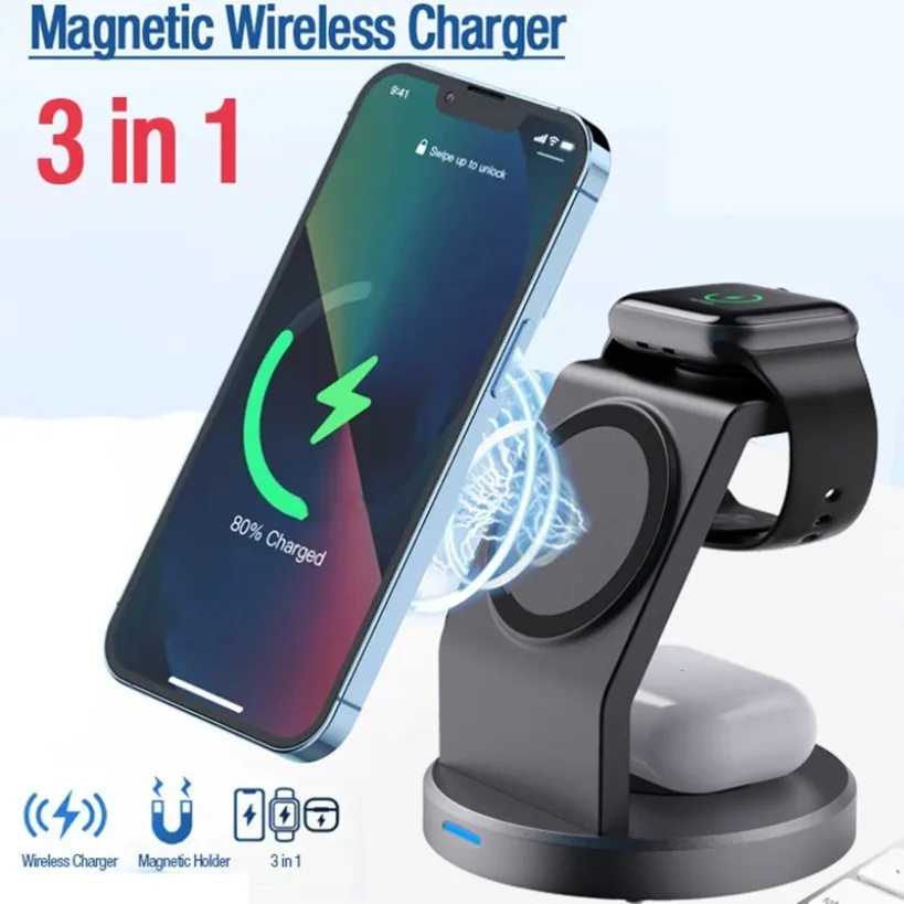 

Магнитная подставка для беспроводного зарядного устройства 3 в 1 для iPhone 16 15 14 13 12 Pro Max Airpods для iWatch 10 9 8 7 Док-станция для быстрой зарядки