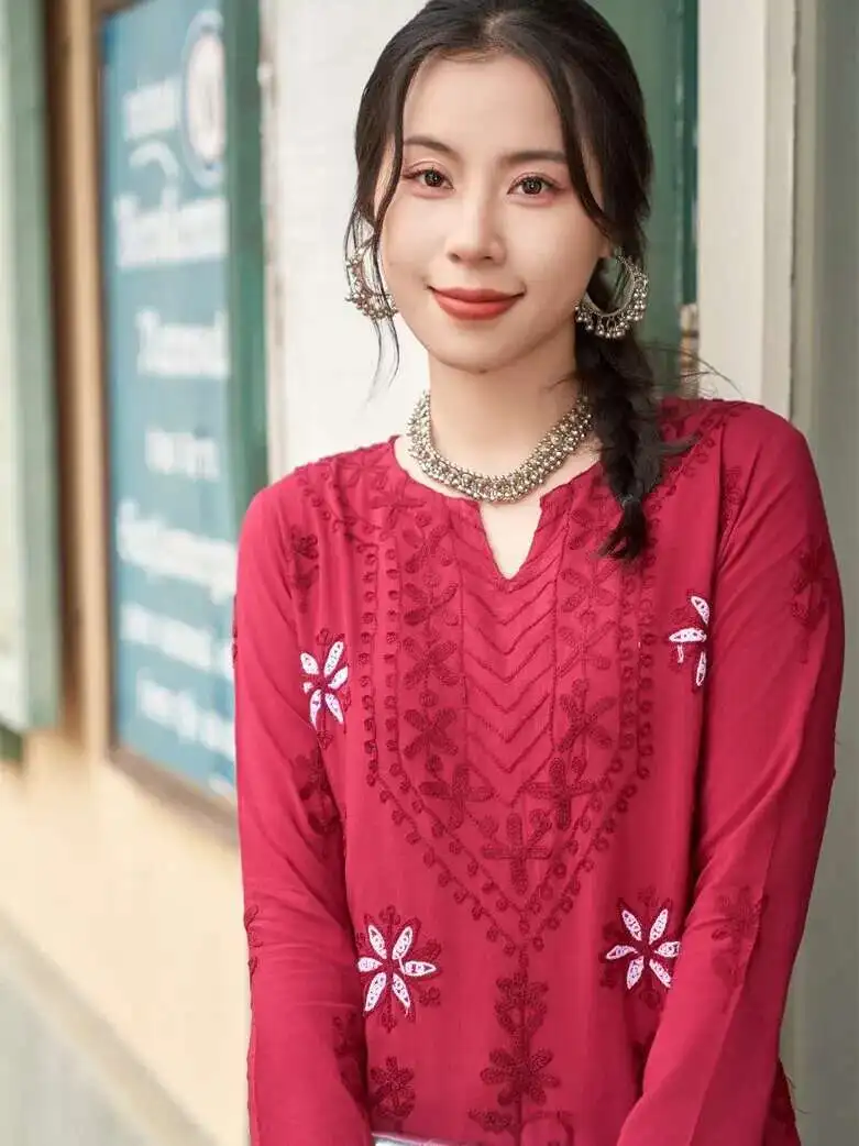 الملابس الهندية النسائية العرقية نمط القطن الحرير الأعلى المطرزة اليوغا اللباس عارضة فضفاض رقيقة نمط روز الأحمر اللباس الهندي أعلى