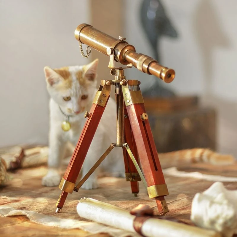 Tripod, telescope, brass ornament, office desktop, bookshelf decoration