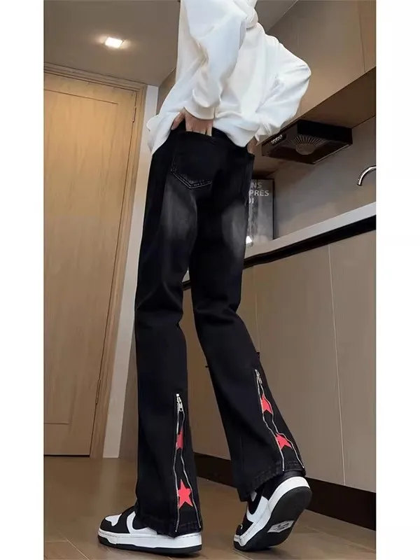 

American High Street Vibe Men's Spring Autumn Flare Denim Jeans Versatile Slimming Casual Pants Straight Cut Loose Fit