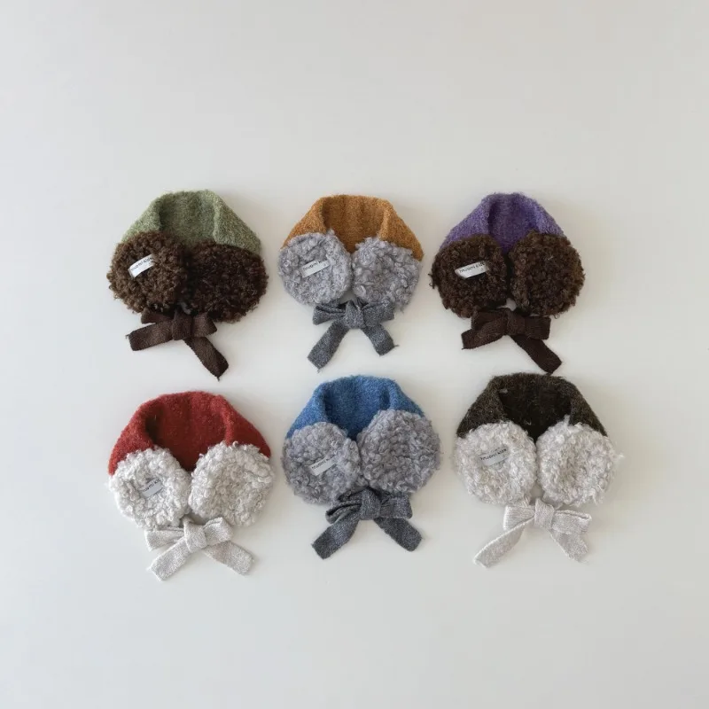 

Новинка 2023 года, корейские детские наушники, зимние плюшевые грелки для ушей с завязками на спине, вязаные чехлы для ушей с цветными блоками для девочек, теплая флисовая повязка на голову