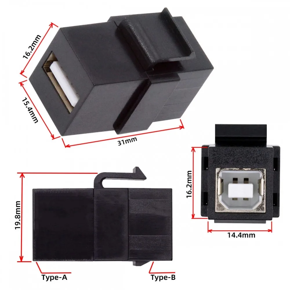 MDR Wallplate Panel Connector USB2.0 A Female to Type-B Female USB Cable Extension Keystone Jack Coupler Adapter