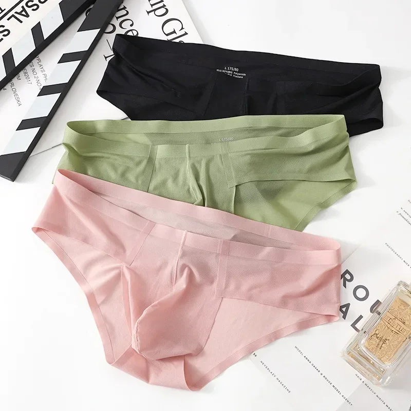 Men's Sexy Japanese Underwear U Convex Pouch Briefs Thin Ice Silk Low Waist Seamless Solid Color Underpants