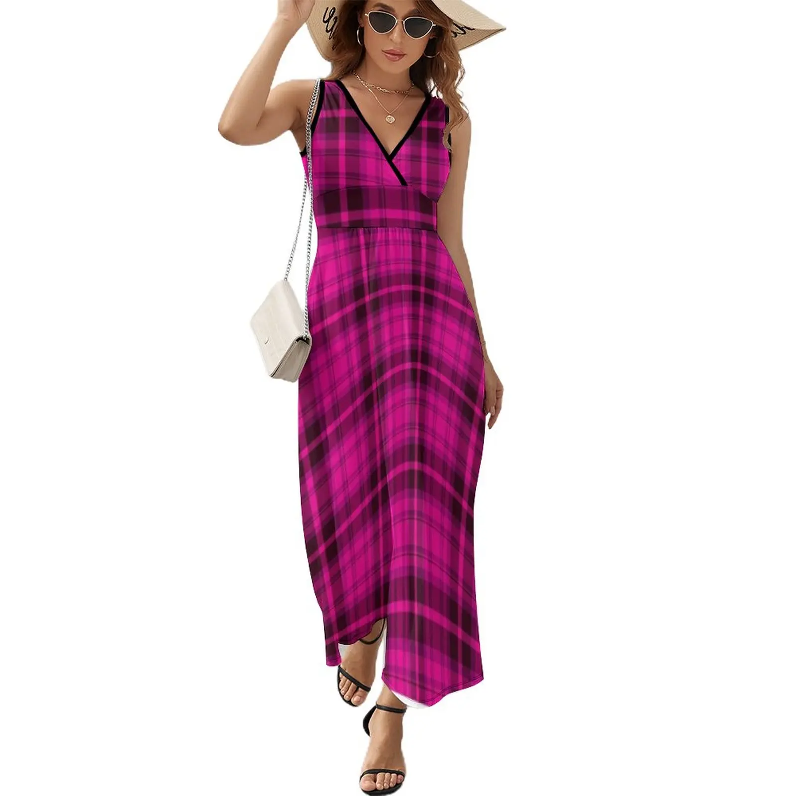 

Shocking Pink Tartan Plaid Pattern Sleeveless Dress elegant dresses for women dresses summer woman 2023