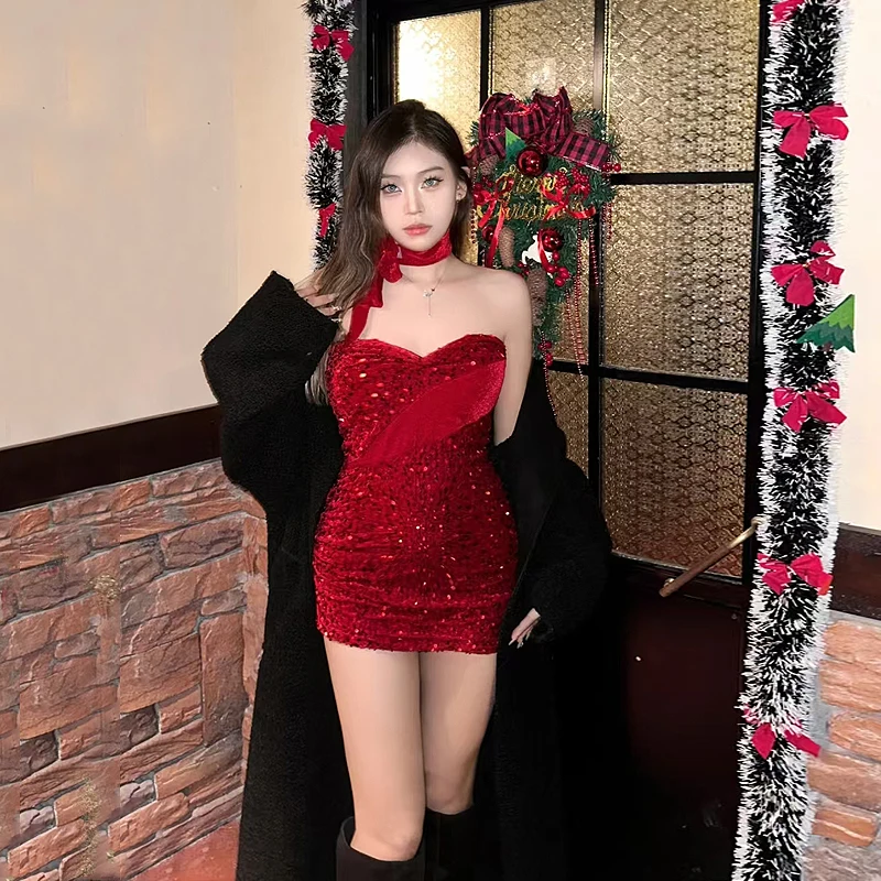 Christmas Cosplay Costume Sexy Bunny Holiday Red Dress Sequin Glitter Dresses Bodycon Party Performance Photoshooting Dance Club