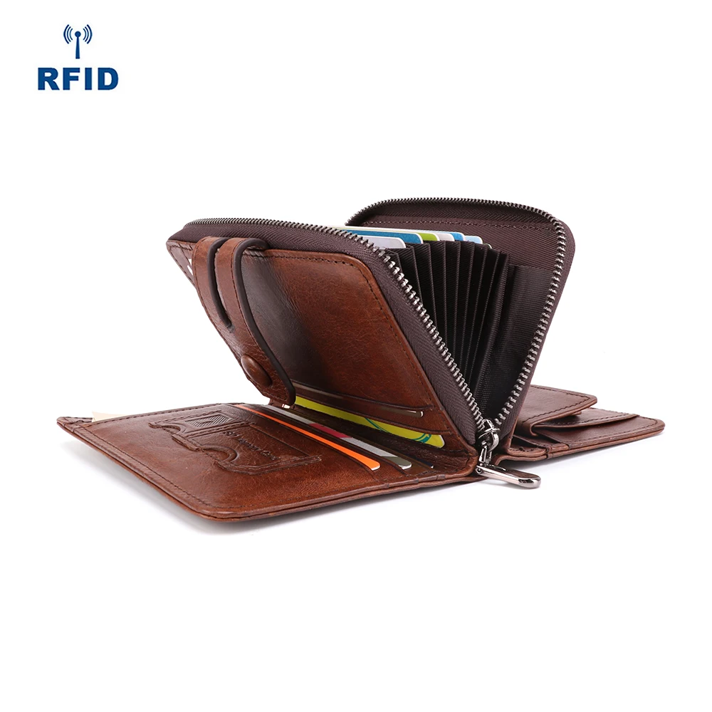 

Large Capacity Genuine Leather Men's Wallet RFID Organ Card Wallet Casual Fashion Crazy Horse Leather Zipper Wallet