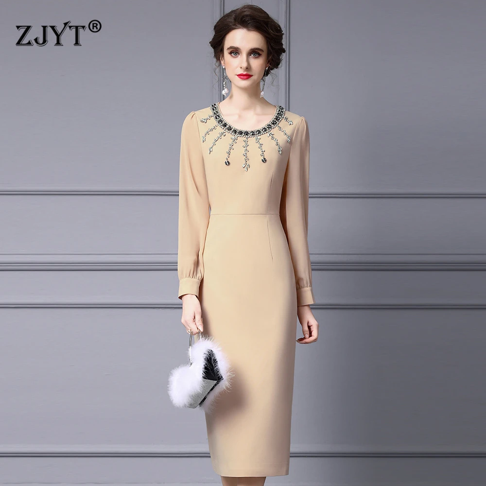 

ZJYT High Quality Elegant Luxury Diamonds Formal Evening Party Dresses Women 2025 Spring Long Sleeve Straight Dress Black Blue