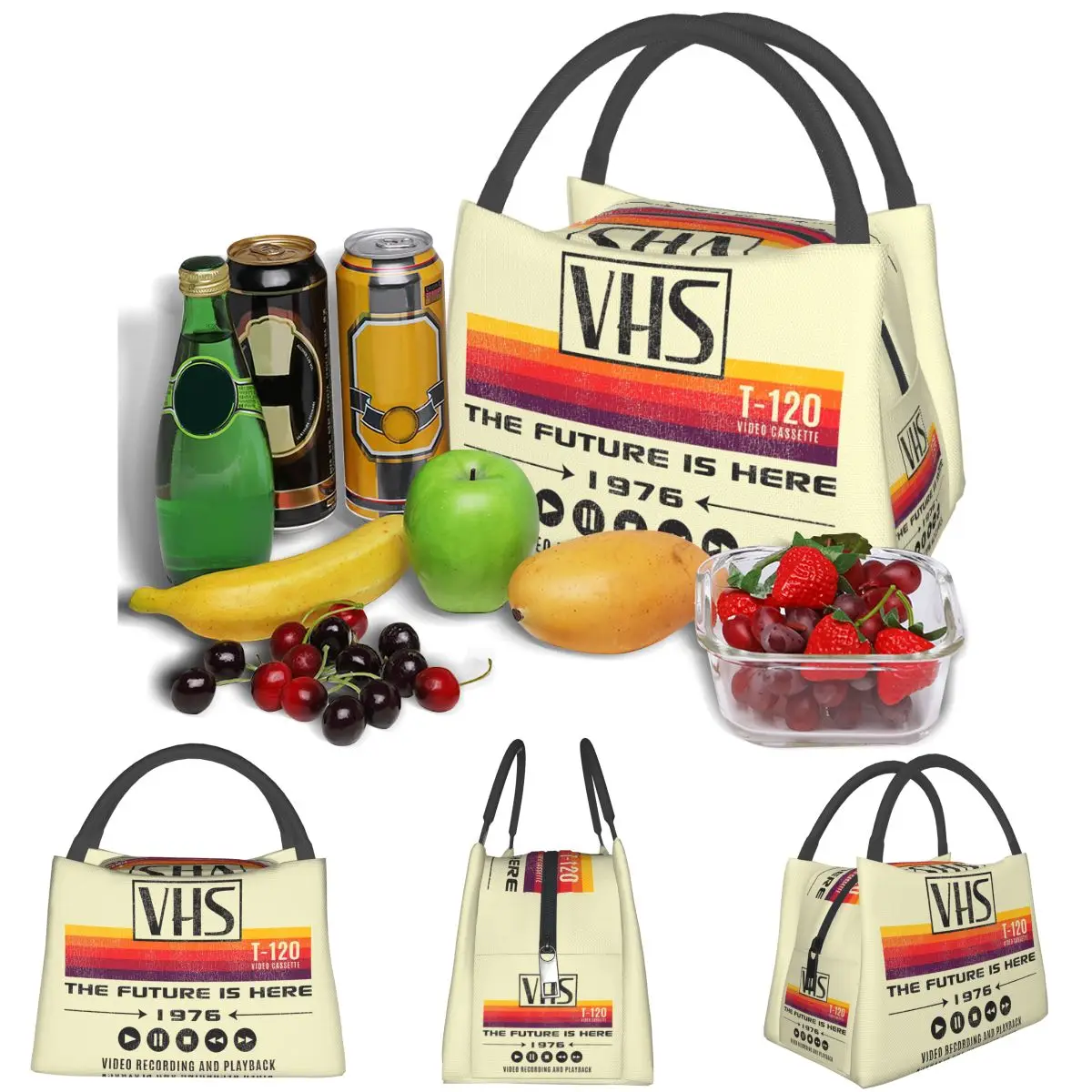 VHS The Future Is Here 1976 Worn Out Lts Lightweight Handheld Insulated Lunch Bag Aluminum Foil Liner for Adults Travel Picnic