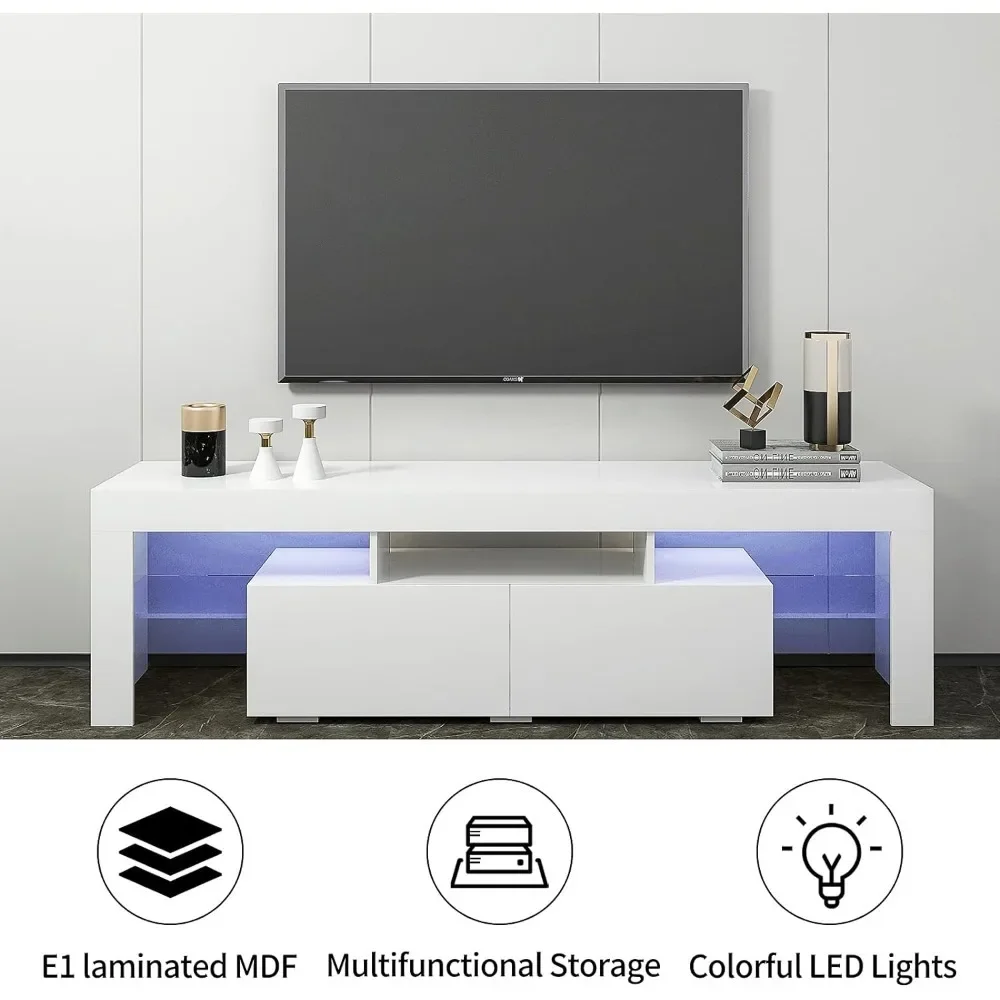 LED TV Stand for 70 Inch TV, Entertainment Center with 2 Drawer, Modern Large High Gloss TV Cabinet with Storage for Living Room