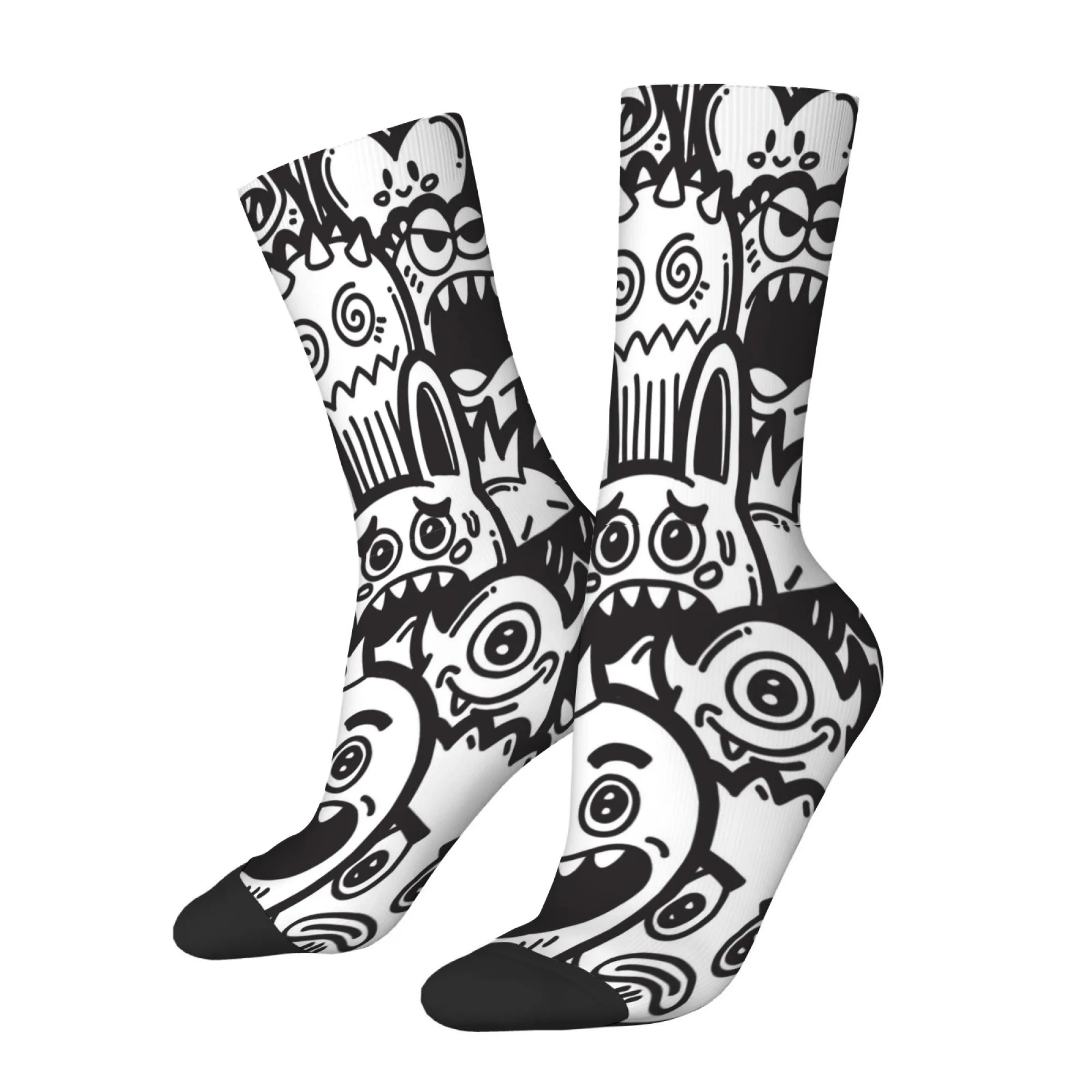Black and White Graffiti Cartoon Monster Print Men's Mid-calf Socks Stylish Street Style Simple Design Comfortable Durable Socks