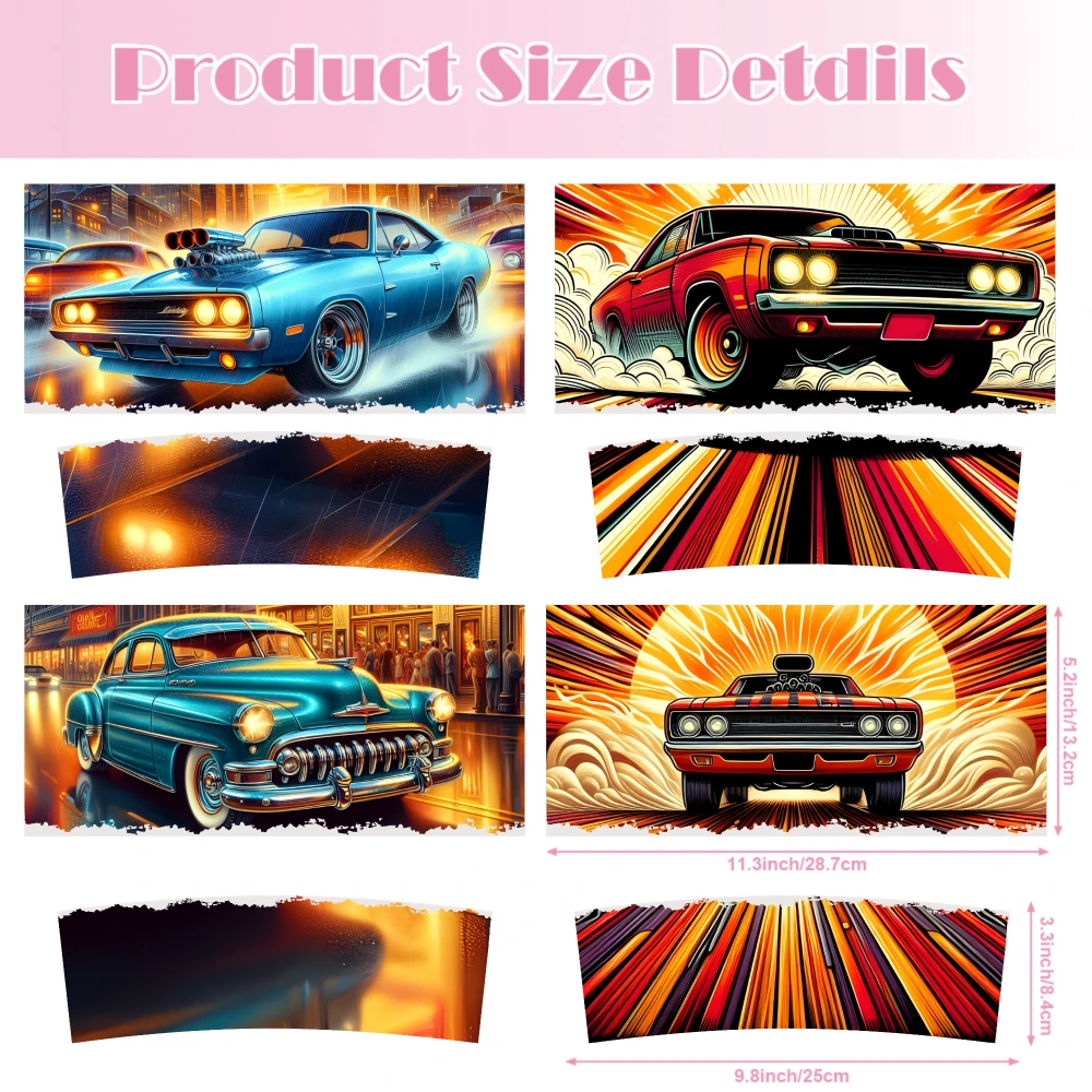 4 Sheets Classic Car Artwork UV DTF Stickers for 40oz Tumblers Decorative Transfer Paper Waterproof DIY Decals Waterproof DIY