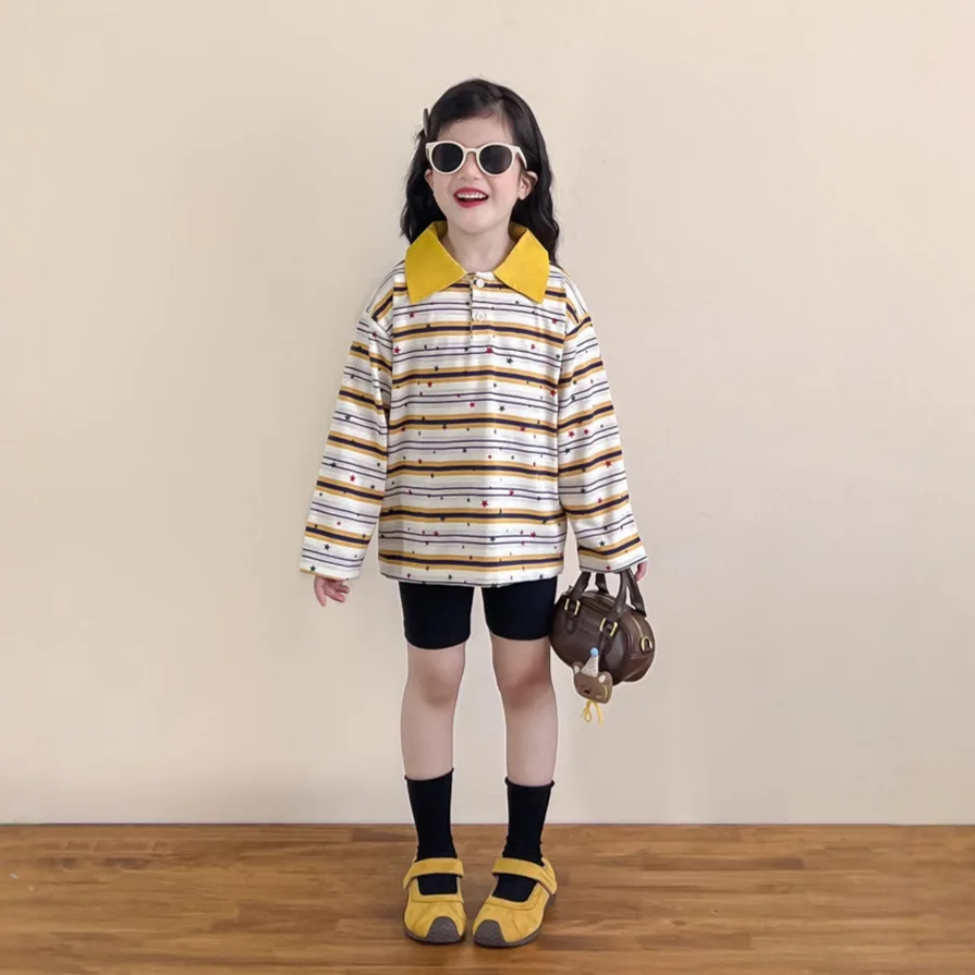 Spring and Autumn 2026 New Fashion Loose Casual Versatile Trendy Long-sleeve Yellow Striped T-shirt Top Clothes