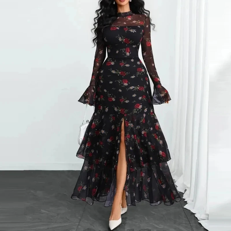 Elegant Lady O-neck Spliced Banquet Dress Spring Summer 2026 New Pleated Dresses Vintage Mesh Flare Sleeve Polka Dot Print Dress