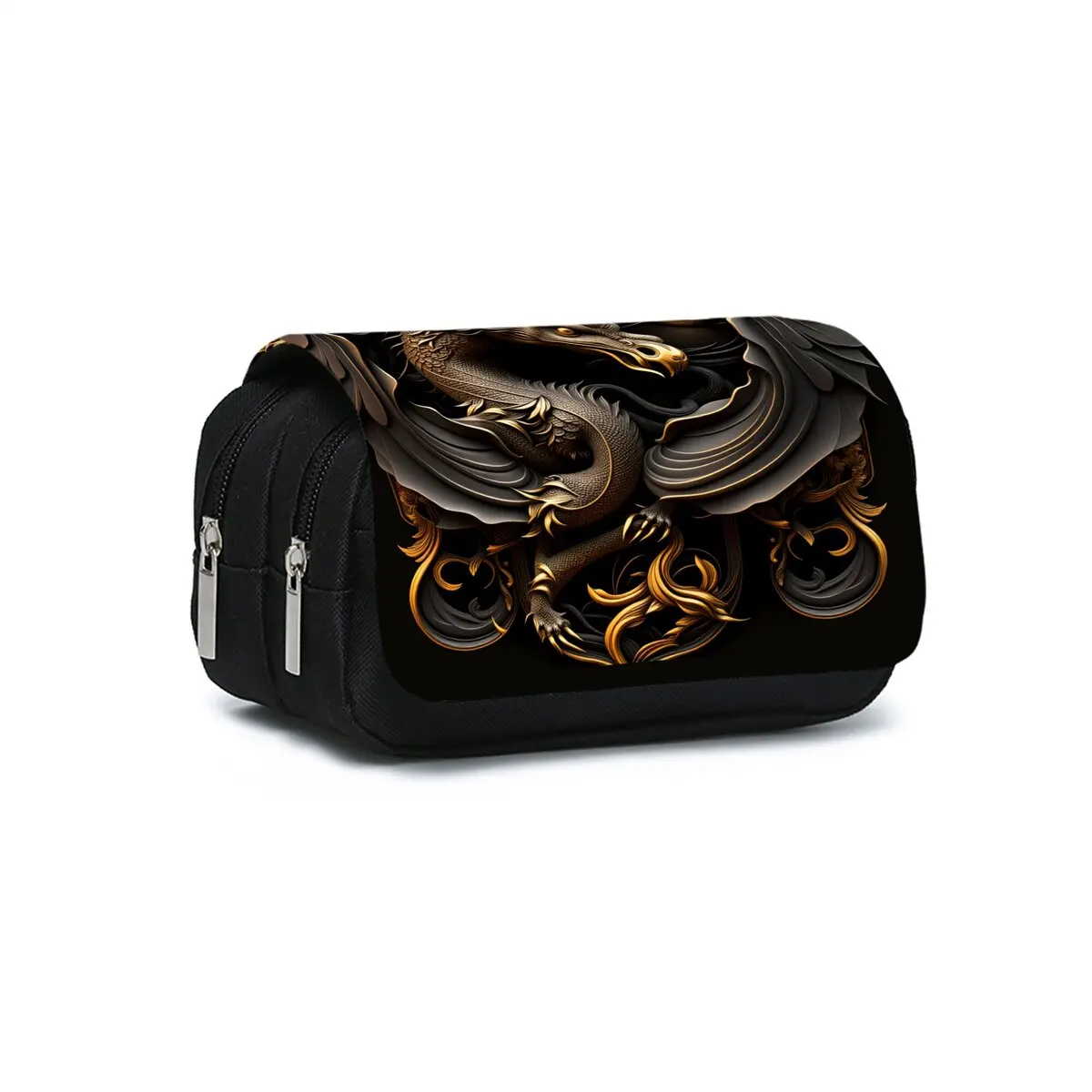 Metal Dragon Pattern Double Flip Fabric Pen Case Boy/Girls Best Gift 2D Flat Pencil Pouch School Office Use Children