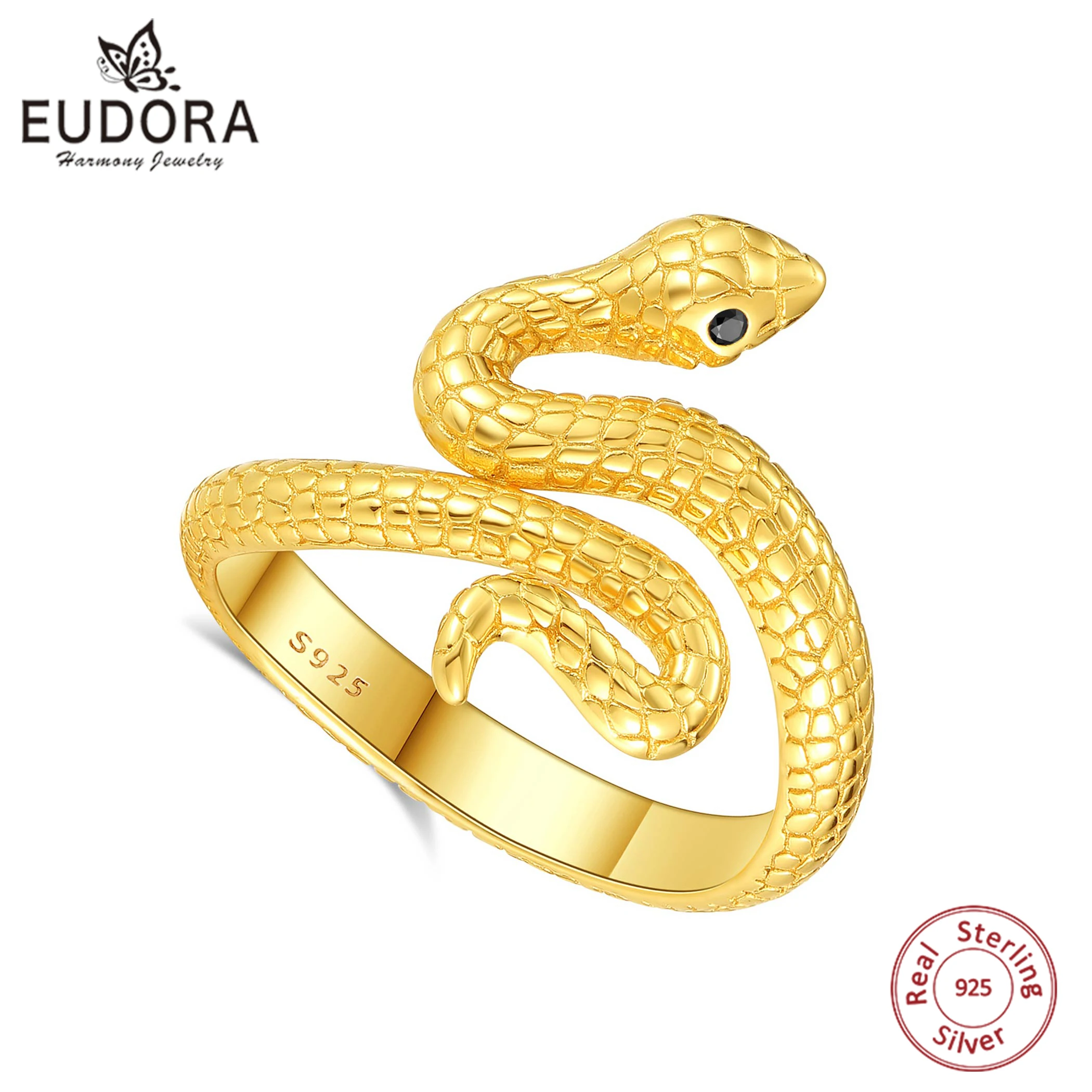 Eudora 925 Sterling Silver Snake Adjustable Ring Black Zircon 18k Gold Textures Cobra Ring Personalized Jewelry Women Men Gift