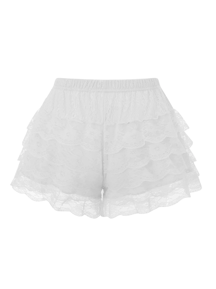 Pantalones cortos con volantes en capas para mujer, bombachos informales de encaje de color sólido con cintura elástica, ropa de Lolita
