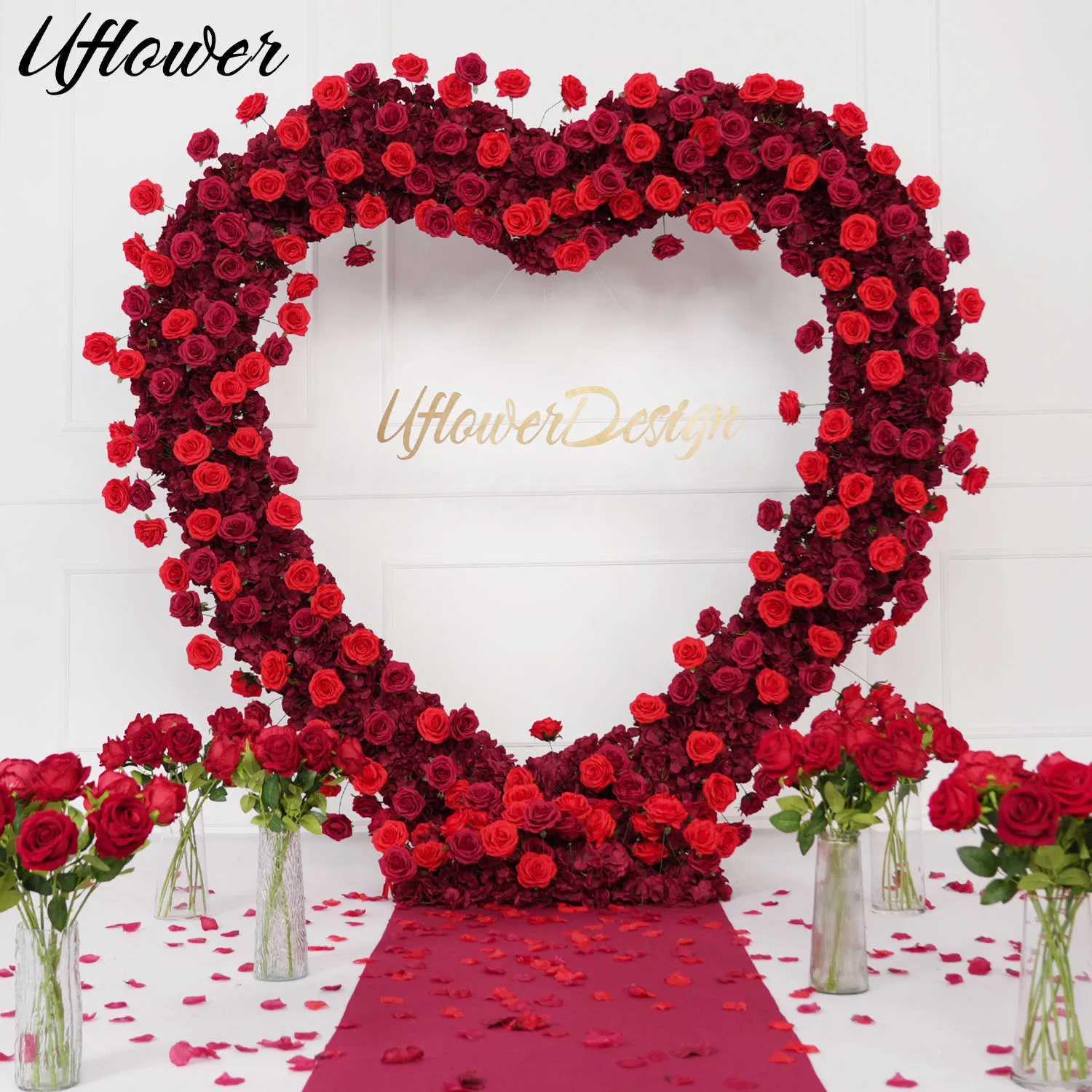 Uflower Heart-Shaped Frame Arch Wedding Backdrop Decor Luxury Red Rose Floral Arrangement Cloth Base Party Window Display Props