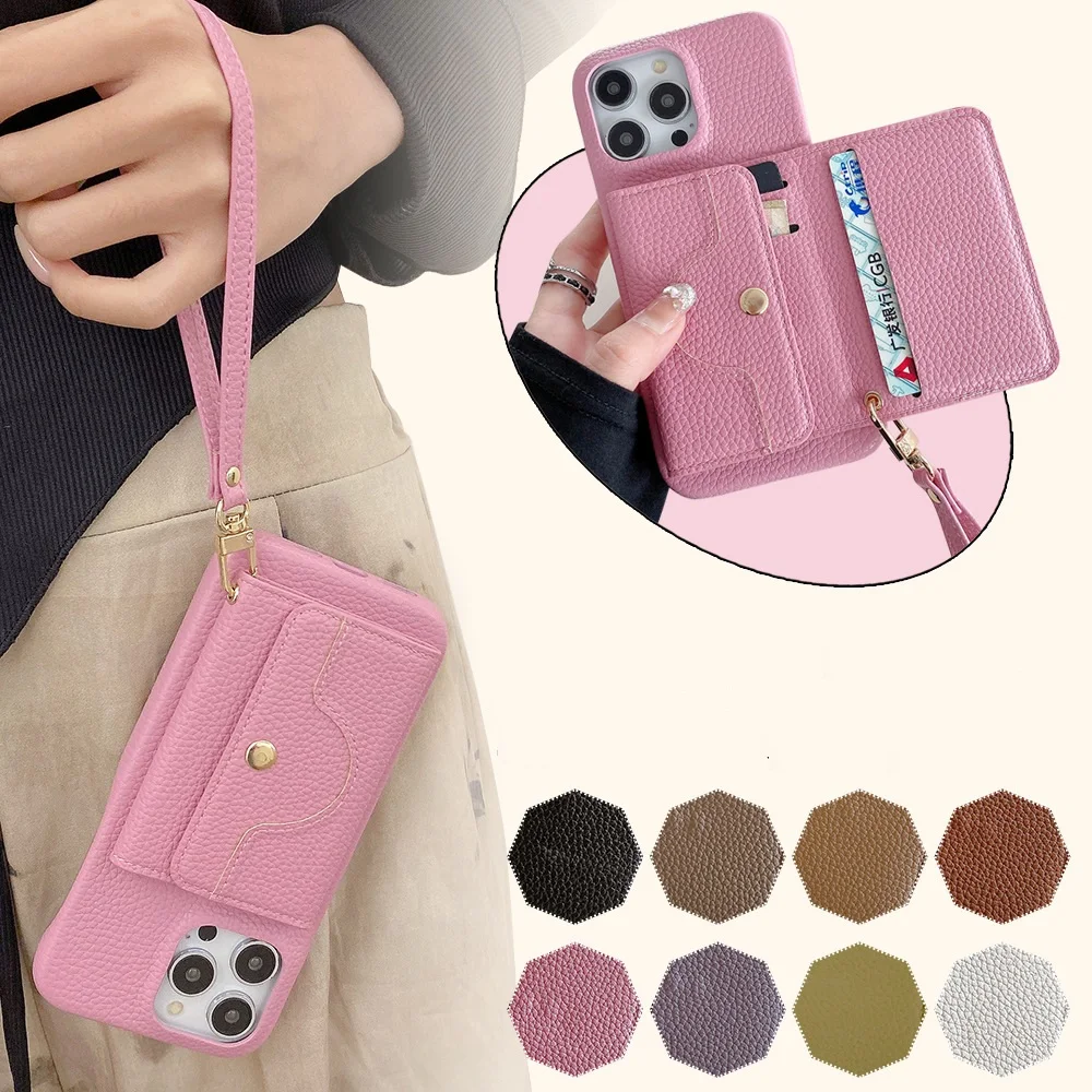 Litchi Peel Pattern PU Leather Case For iPhone 18 17 16 15 14 13 12 11 Pro Max Plus Mirror Card Holder Lanyard Wallet Cover