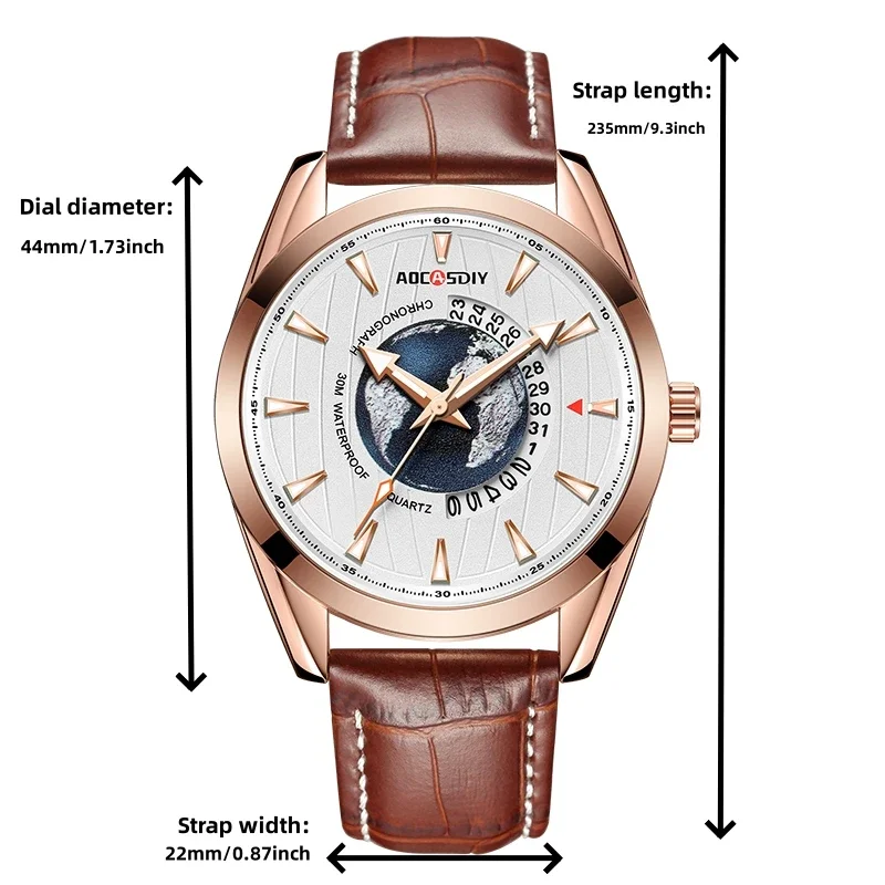 AOCASDIY Leather Sport Watch for Men Clock Luxury Mens Watches New Fashion Creative Earth Quartz Wristwatch High Quality Watch