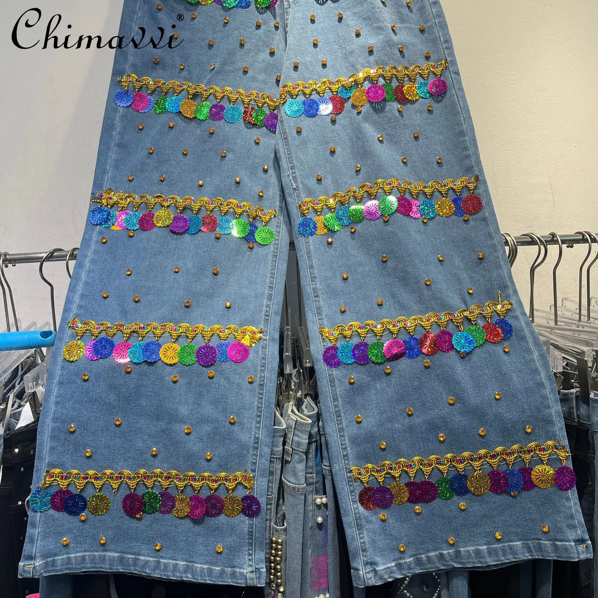 American Retro Spice Girl Design Heavy Color Diamond Large Size Jeans 2025 Summer New Fashion Streetwear Straight Pants