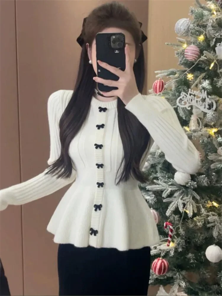 Holiday Red Black White Fashion Fairy Sweater Cute Butterfly Slim ruffles hem A Line Knit Pullover New Spring O Neck Top Jumper