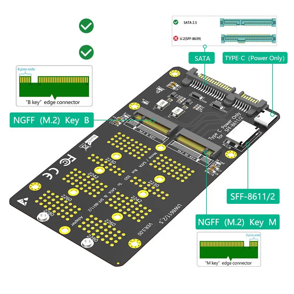 Carte adaptateur de disque dur en plastique Nouvelle version pour 2 en 1 ChlorM.2 (NGFF) NVMe SSD/SATA-Bus SSD vers SFF-8611/8612 et adaptateur SATA