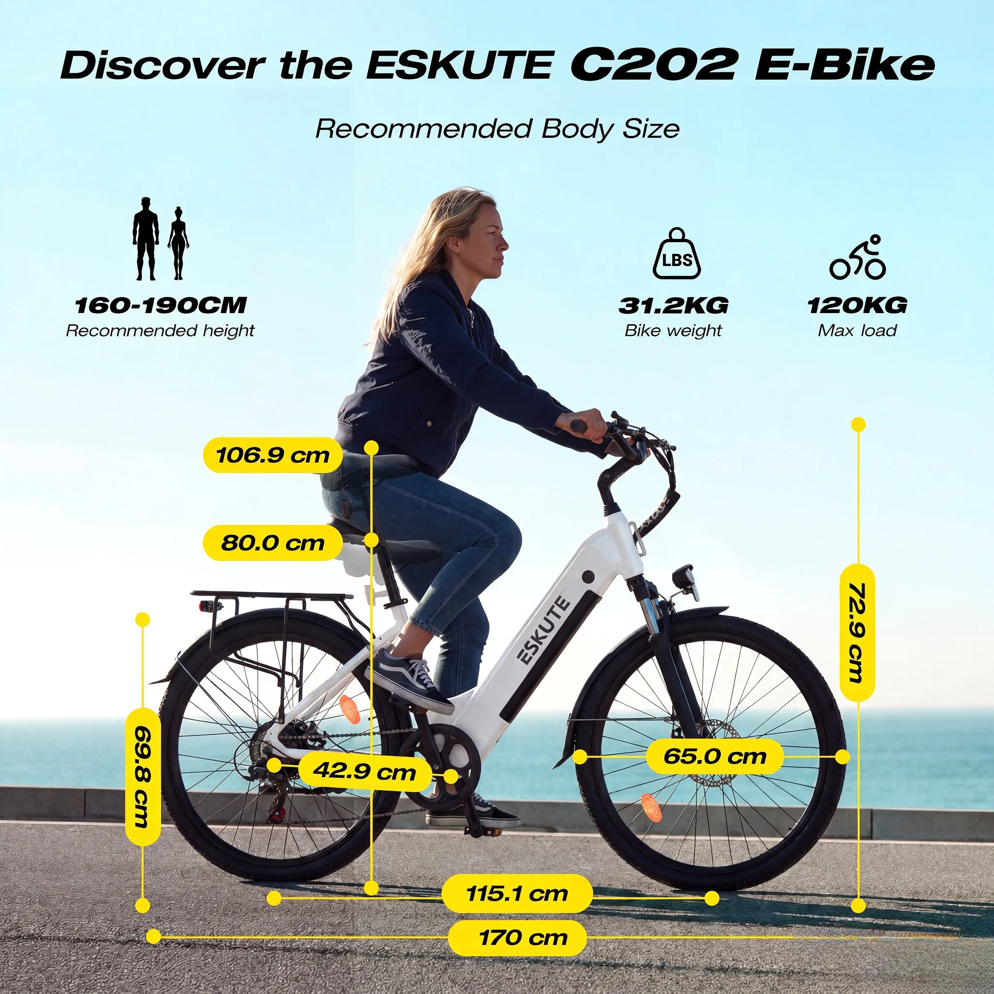 Bicicleta eléctrica ESKUTE de 26 pulgadas para hombres y mujeres, modelo C202, con batería de 48 V y 17,5 Ah, motor de 250 W, 7 velocidades, pantalla LCD, autonomía de hasta 110 km y velocidad máxima de 25 km/h, ideal para paseos urbanos.