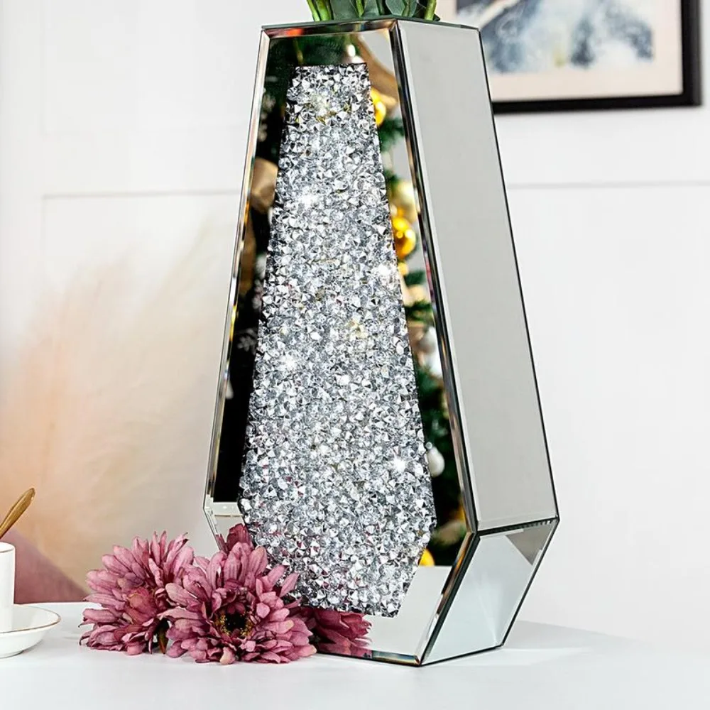 

Crushed Diamond Mirrored Flower Vase for Centerpieces Flowers Home Decor, Silver, 14" H. Can’t Hold Water. OrnamentsFreight Free