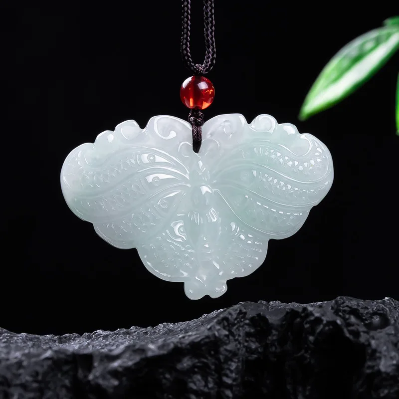 Natural icy , three-dimensional finely carved butterfly jade pendant, women's elegant protective amulet