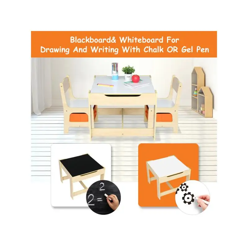 Kids Wooden Table & Chair Set with 2 Storage Bags - Includes 1 Table & 2 Chairs for Playroom or Bedroom