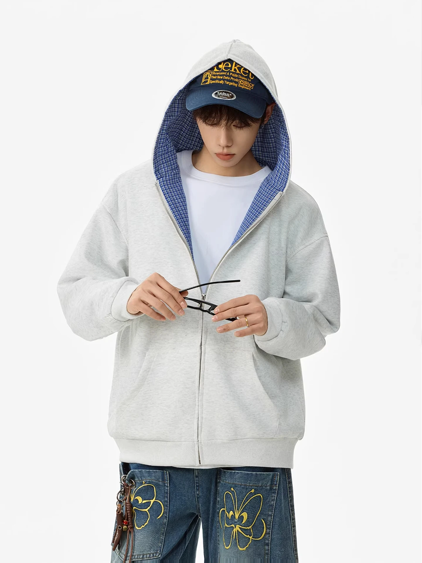 Double-Sided Wear Plaid Inner Patchwork Hoodie Men's Sle Heavyweight Open Cardigan Jaet Autumn Season Casual Loose Fit