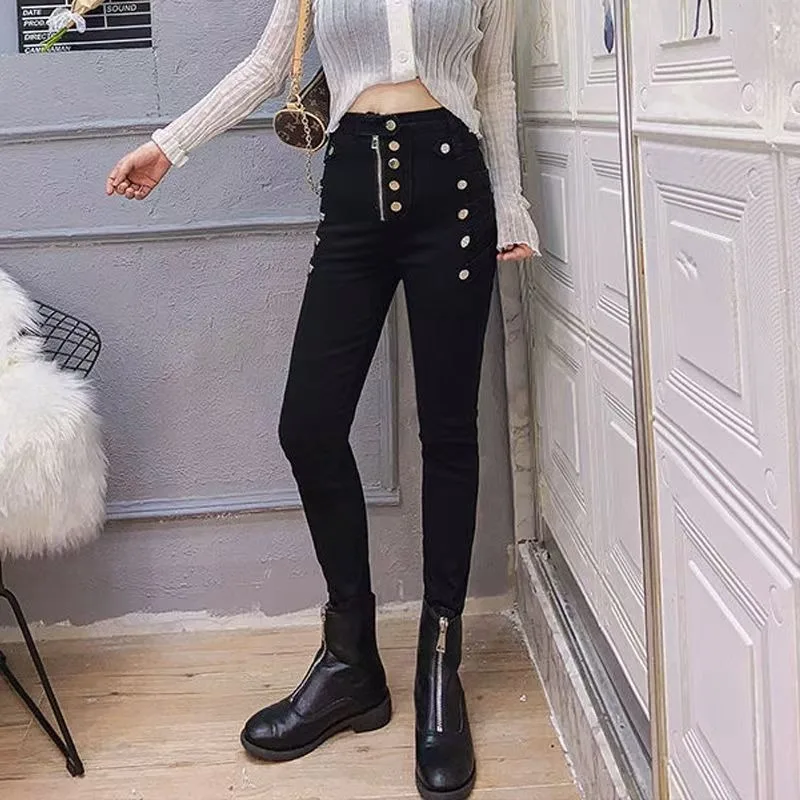 High Waist Sexy Black Elastic Slim Jeans Women Vintage Thin Hip Double Breasted Casual Pencil Pants 2023 Spring Fall Denim Pants