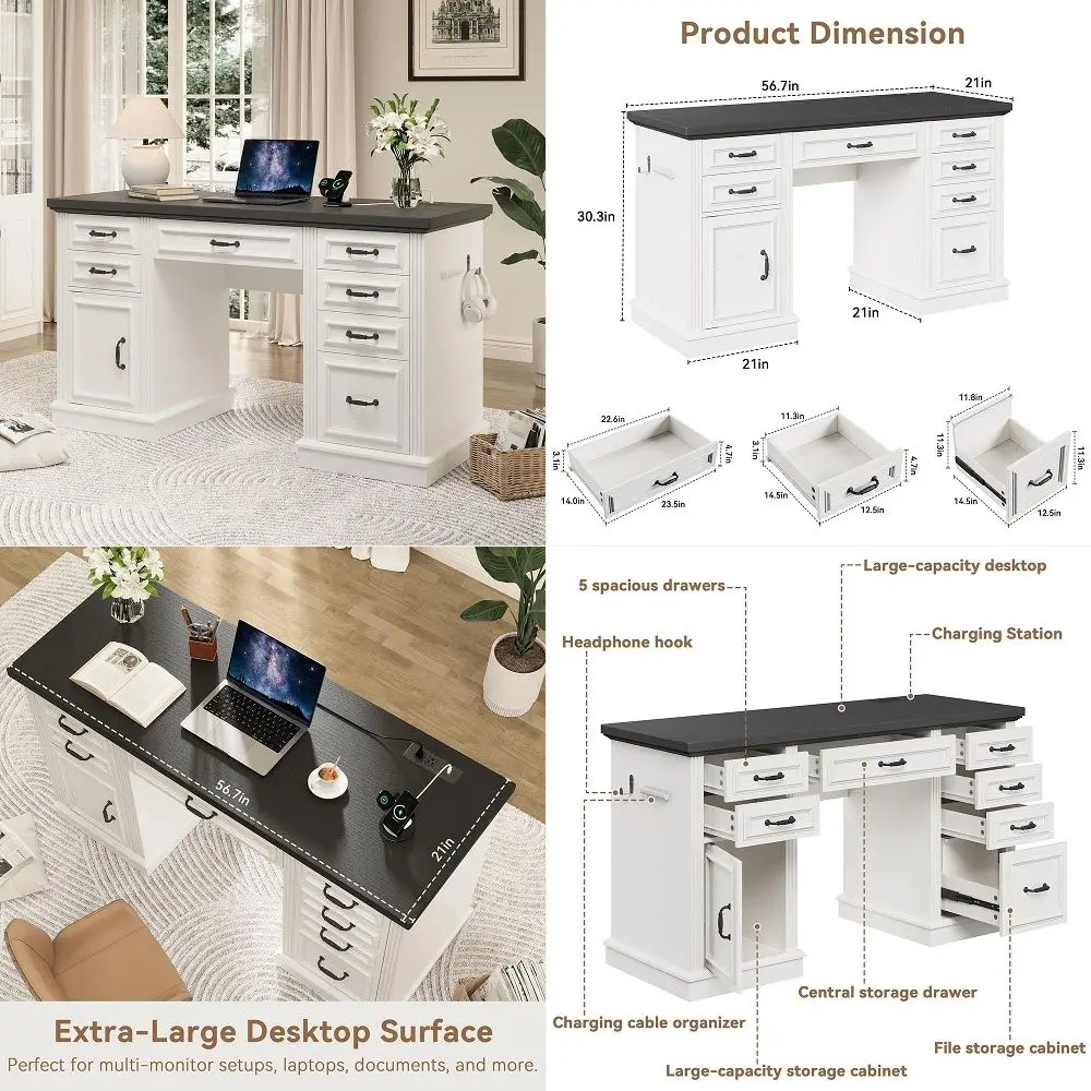 Farmhouse 57 Executive Desk with 7 Drawers, Home Office Desk with File Cabinet Storage, Computer Desk with Charging Station and