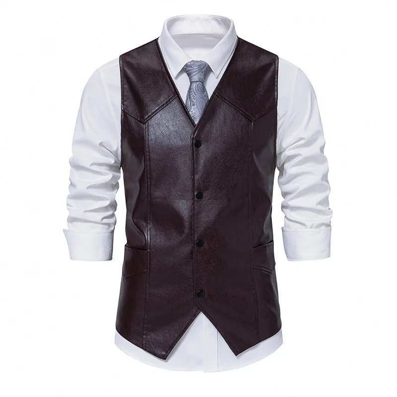 #4850Autumn Winter Faux Leather Vest Waistcoat Men V-neck Single Breasted Men\'s Vest Regular Fit PU Leather Vest Men Solid Color