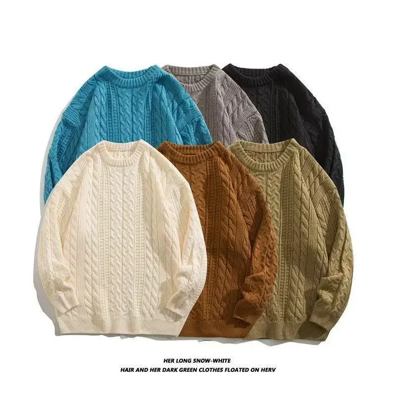 Autumn Winter Round Neck Cable Knit Sweater For Men Trendy Japanese Style Loose Fit Casual Color Pullover Knitted Top