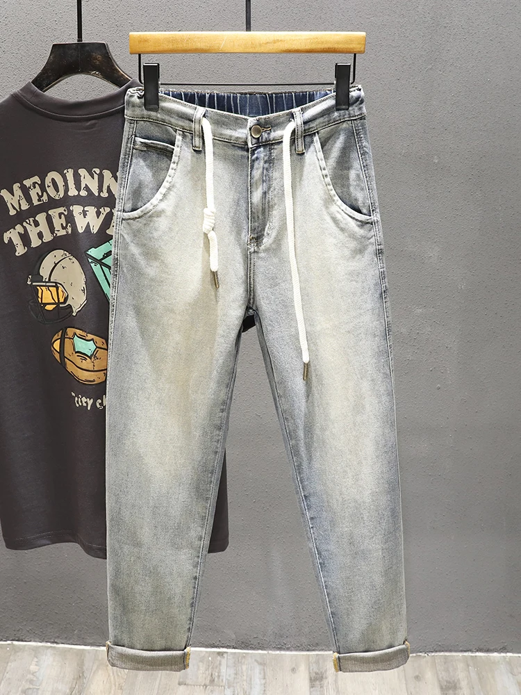 Pantalones vaqueros elásticos Waisand para hombre, pantalones finos Retro americanos holgados adelgazantes de nueve piezas, pantalones largos cómodos y transpirables