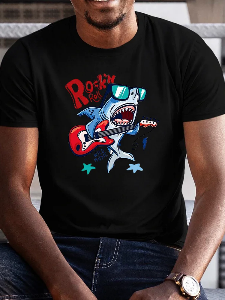 A T-shirt with a slogan promoting rock guitar playing by Rock Shark Street Trend,graphic tees，100%Cotton