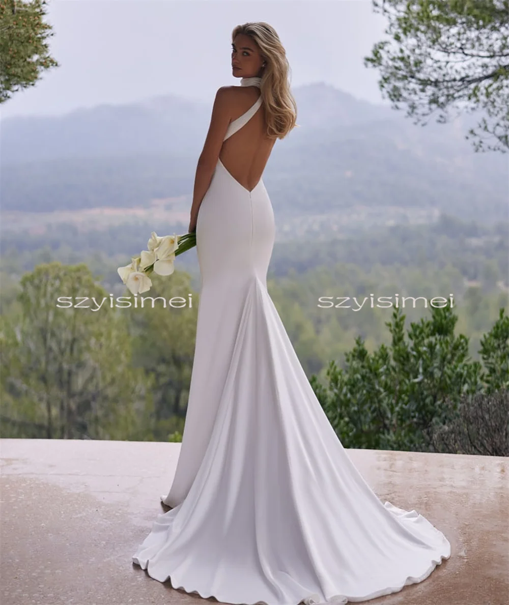 ホルターネックのウェディングドレス、コートトレイン、ノースリーブ、マーメイドライン、ブライダルドレス、ウェディング用、バックレス、ベスティドス・デ・ノビア、カスタムメイド