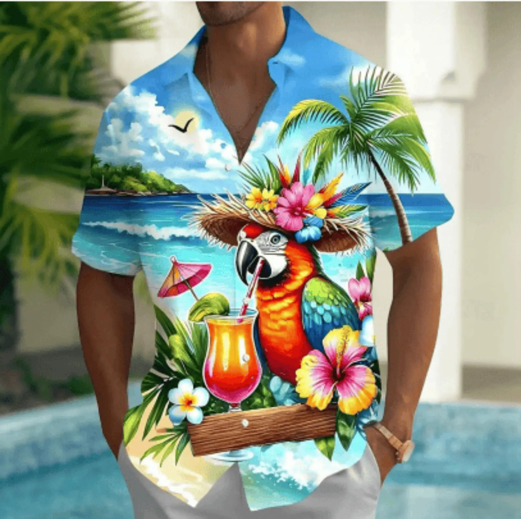 Men's Beach Parrot Cocktail Tropical Floral Print Short Sleeve Shirt, Spring Summer Hawaiian Vacation Blouse, Loose Casual Top