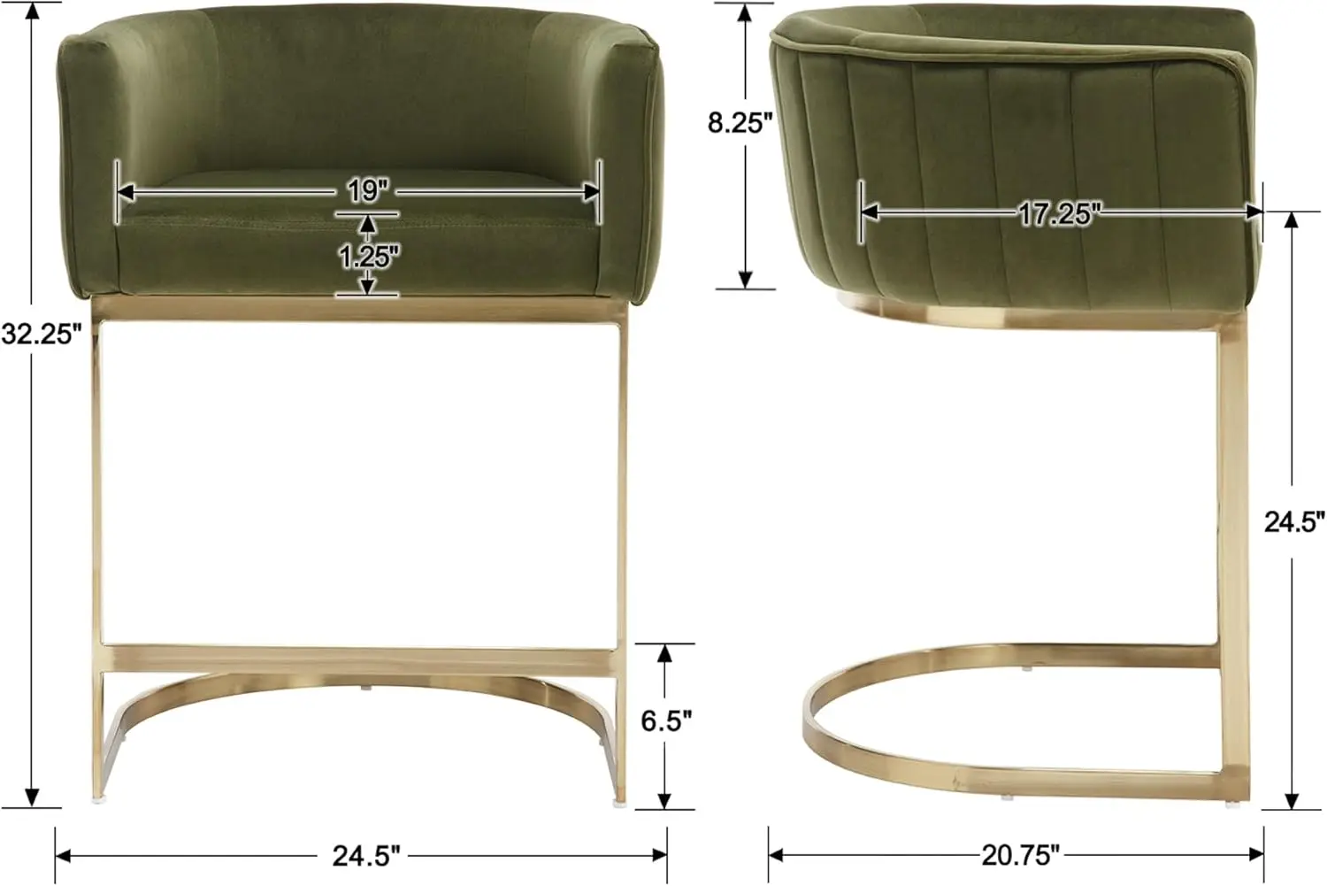 4 Modern Bar Stools Counter Height 24"" For Kitchen Island Velvet Upholstered Barrel Back Stool Chair And Golden Metal Frame