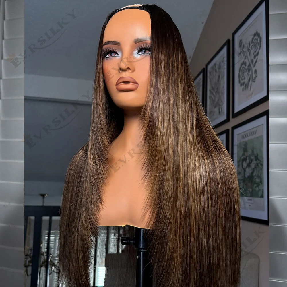 Silky Straight Highlight Blonde 2x4 Middle U Part Wigs 100%Human Hair for Black Women Gloden Brown Half Wig V Part Open Full End